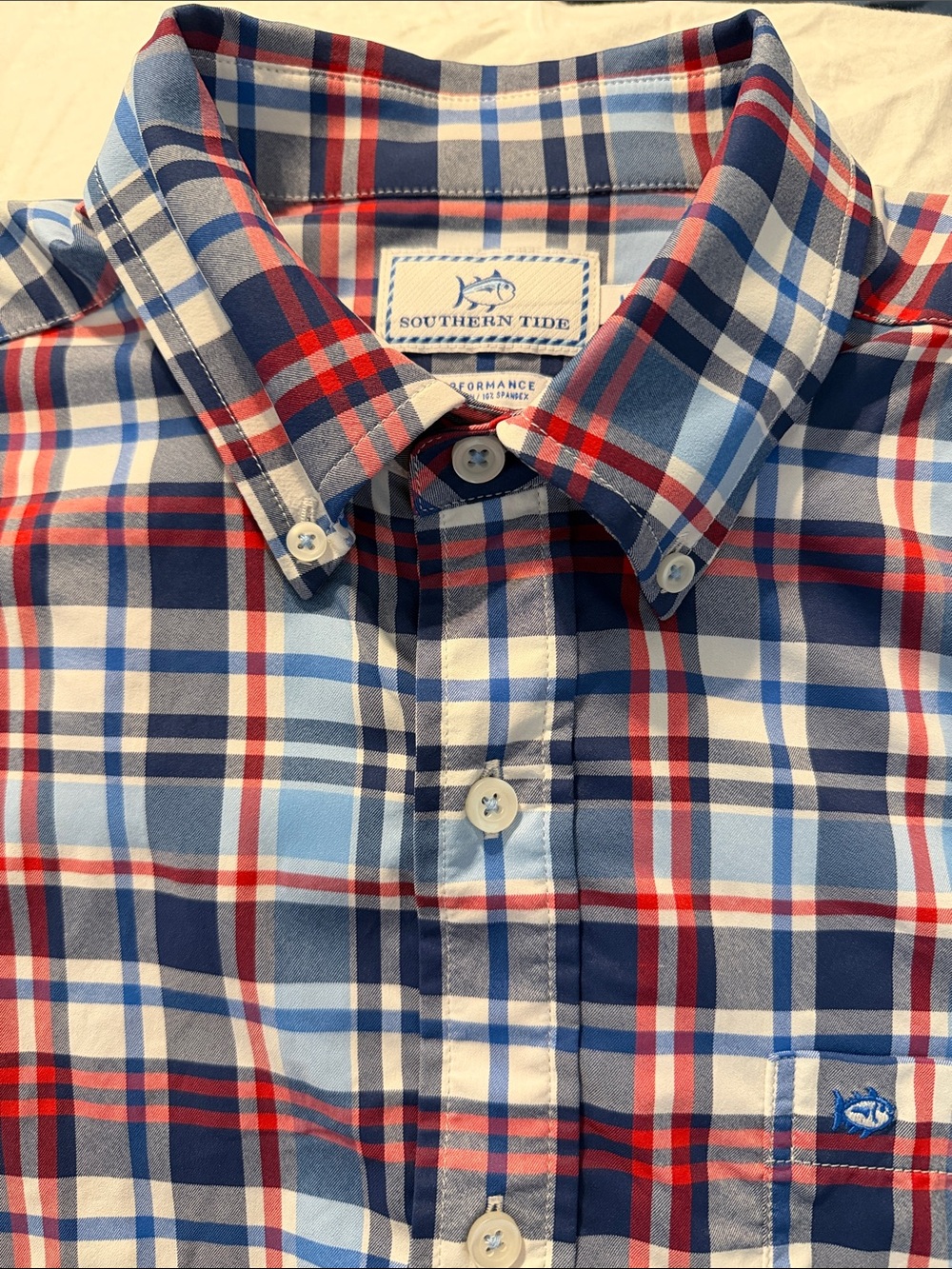 Southern Tide Performance Red, Navy & Light Blue Plaid Button-Down Shirt